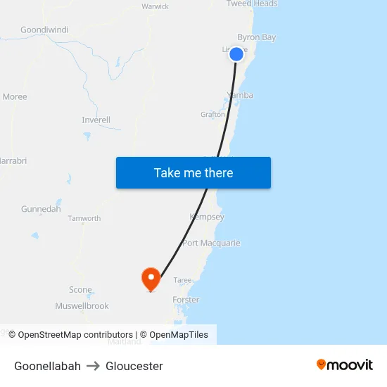 Goonellabah to Gloucester map