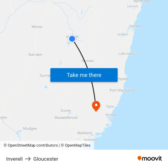 Inverell to Gloucester map