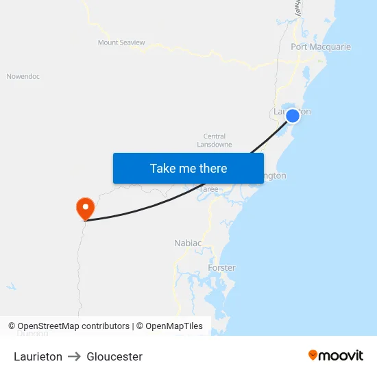 Laurieton to Gloucester map