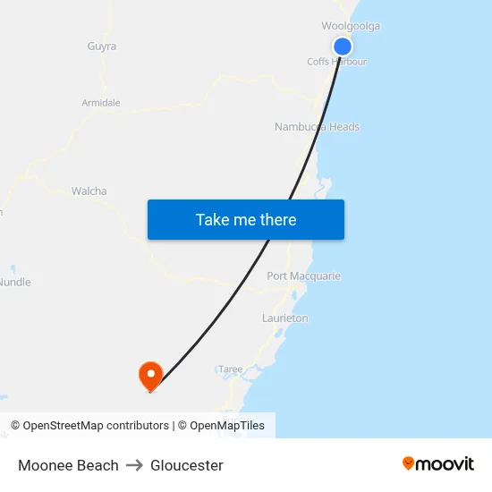 Moonee Beach to Gloucester map