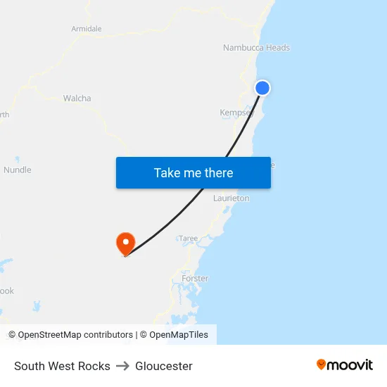 South West Rocks to Gloucester map