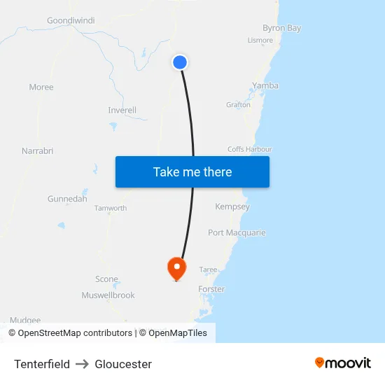 Tenterfield to Gloucester map