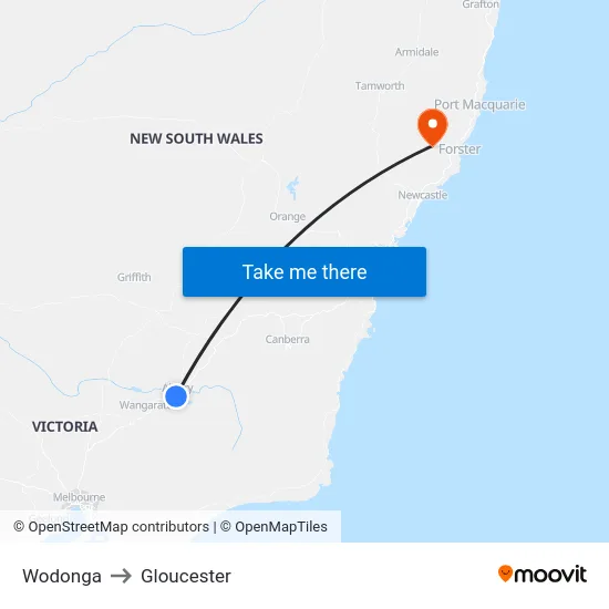 Wodonga to Gloucester map