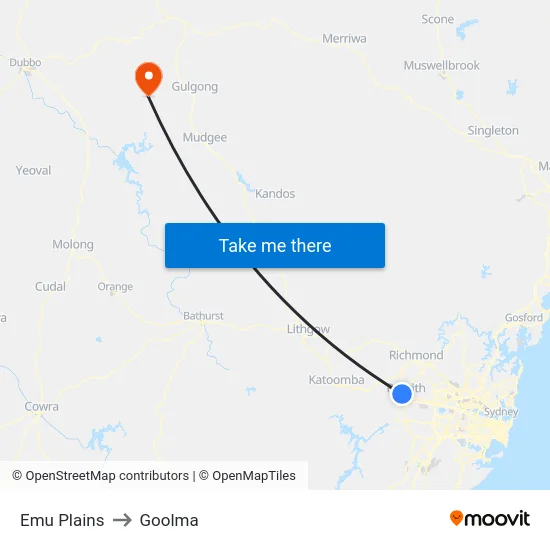 Emu Plains to Goolma map