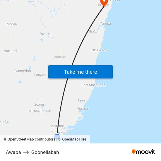 Awaba to Goonellabah map