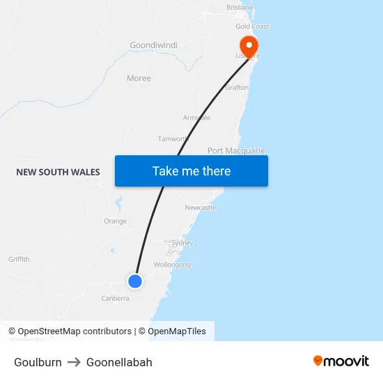 Goulburn to Goonellabah map