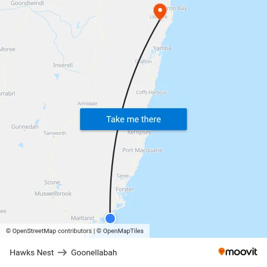 Hawks Nest to Goonellabah map