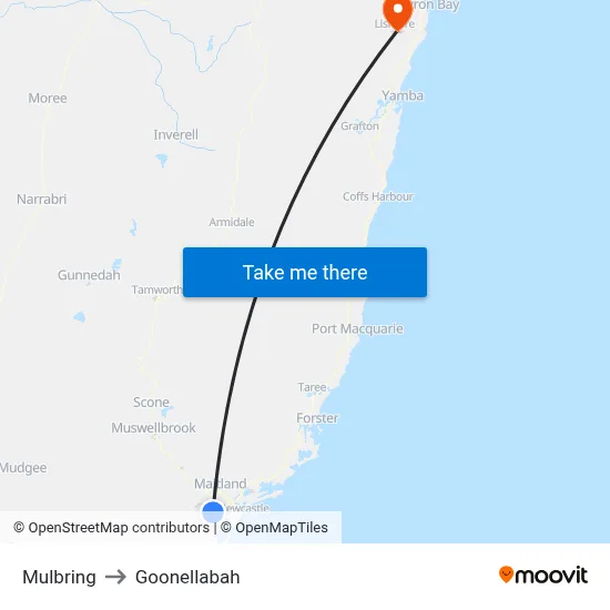 Mulbring to Goonellabah map