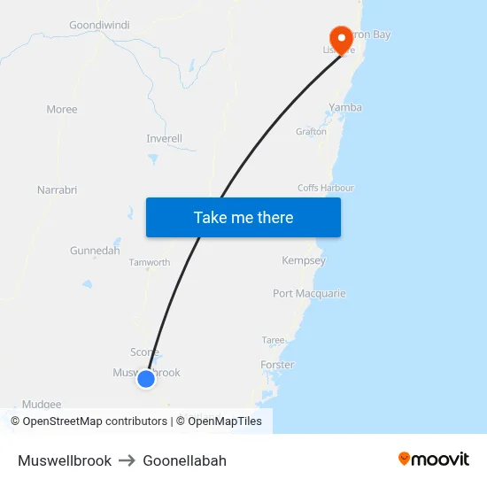 Muswellbrook to Goonellabah map