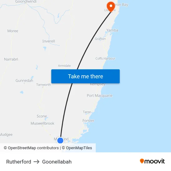 Rutherford to Goonellabah map