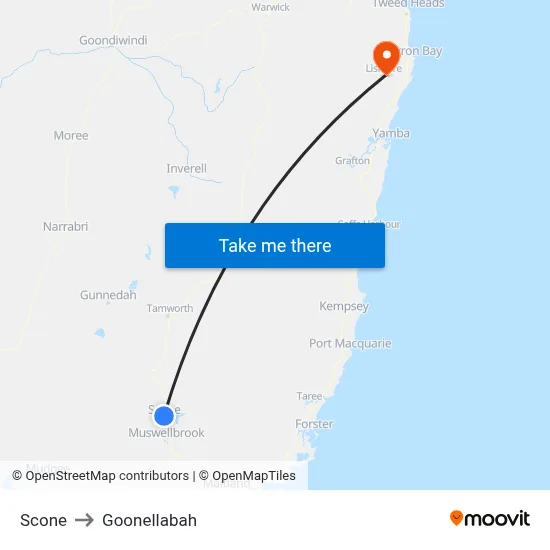 Scone to Goonellabah map