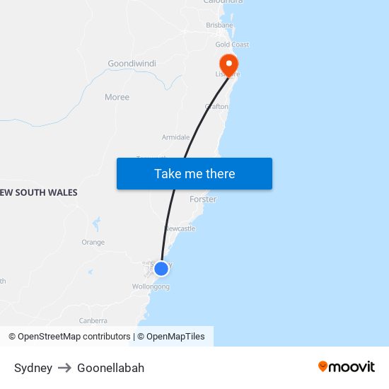 Sydney to Goonellabah map