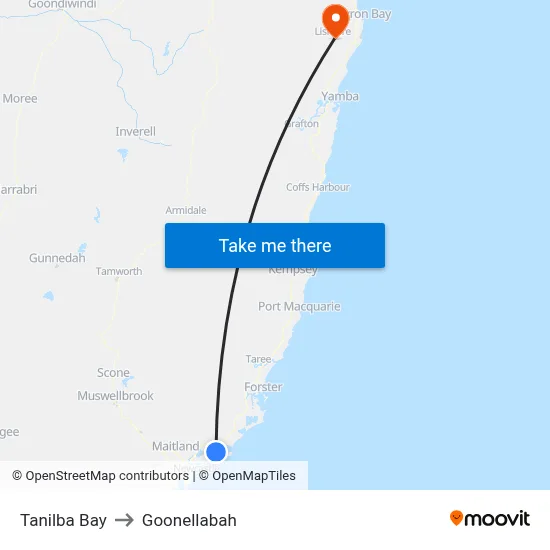 Tanilba Bay to Goonellabah map