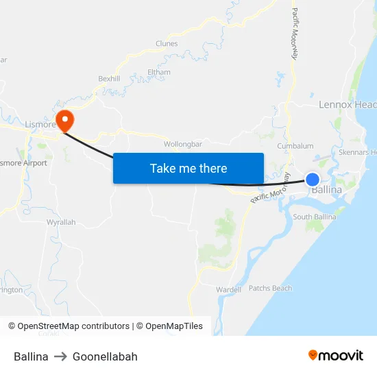 Ballina to Goonellabah map