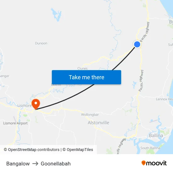 Bangalow to Goonellabah map