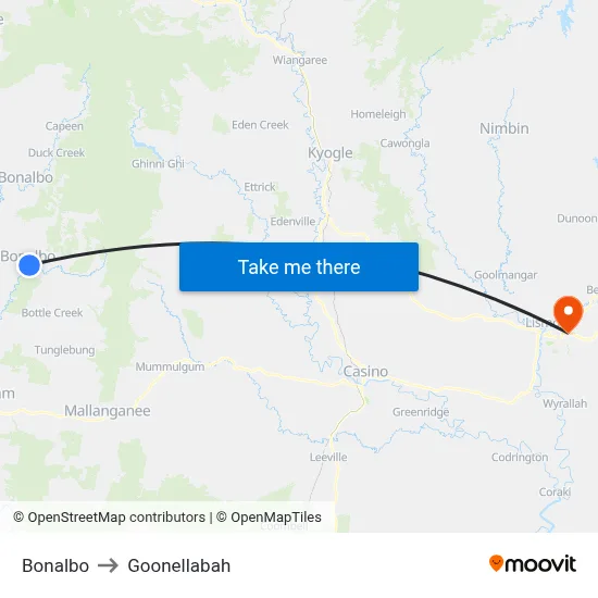 Bonalbo to Goonellabah map