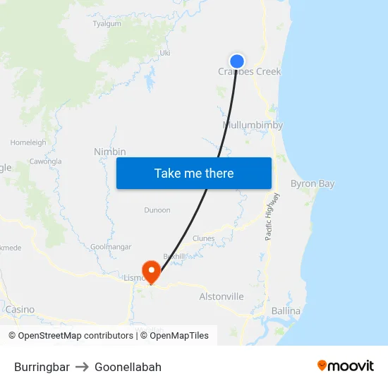 Burringbar to Goonellabah map
