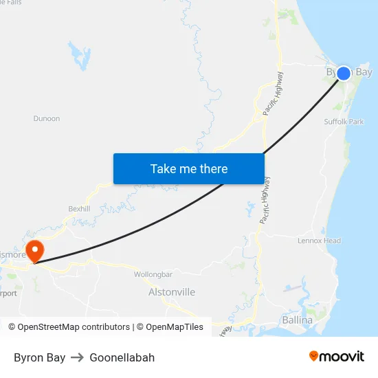 Byron Bay to Goonellabah map