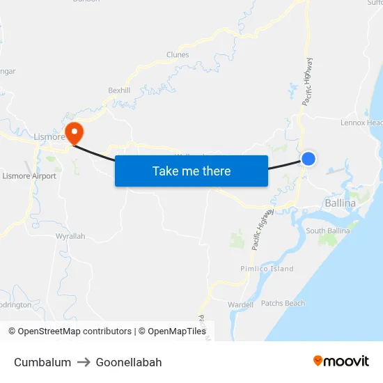 Cumbalum to Goonellabah map