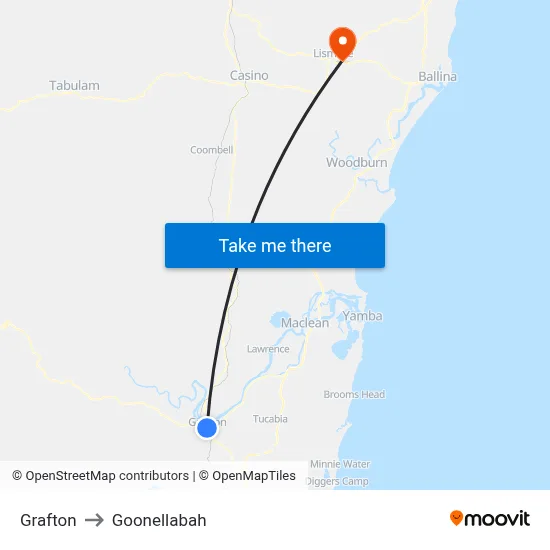 Grafton to Goonellabah map