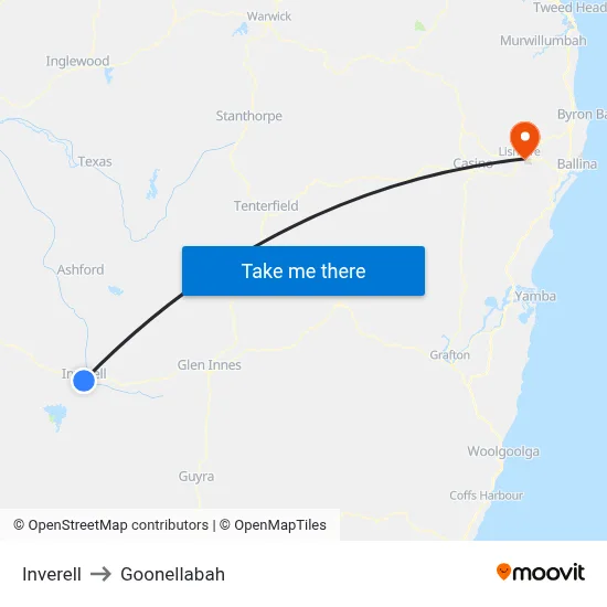 Inverell to Goonellabah map