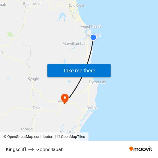 Kingscliff to Goonellabah map