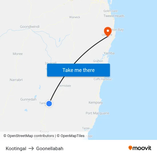 Kootingal to Goonellabah map