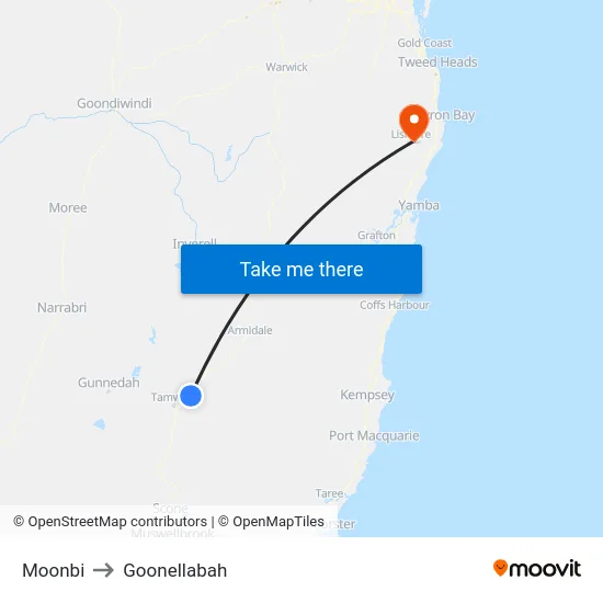 Moonbi to Goonellabah map