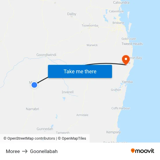 Moree to Goonellabah map