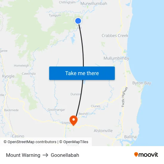 Mount Warning to Goonellabah map