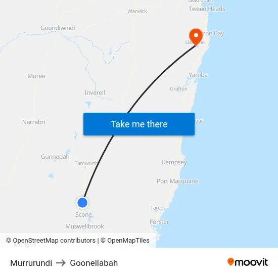 Murrurundi to Goonellabah map