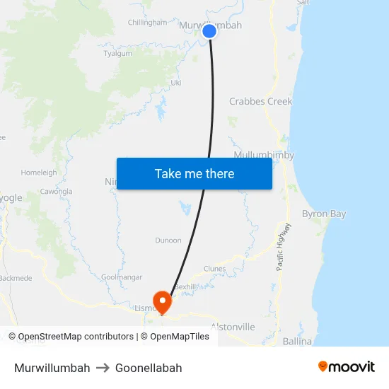Murwillumbah to Goonellabah map