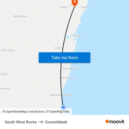 South West Rocks to Goonellabah map