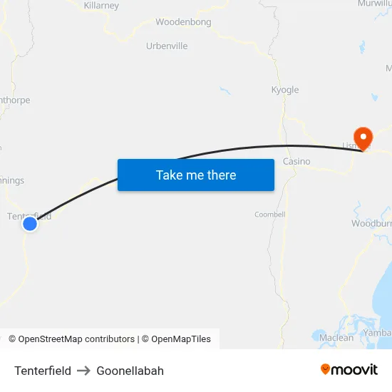 Tenterfield to Goonellabah map