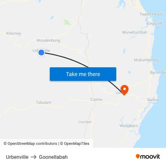 Urbenville to Goonellabah map