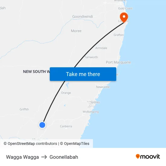 Wagga Wagga to Goonellabah map