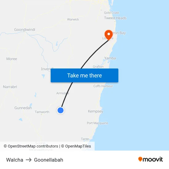 Walcha to Goonellabah map