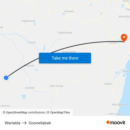 Warialda to Goonellabah map