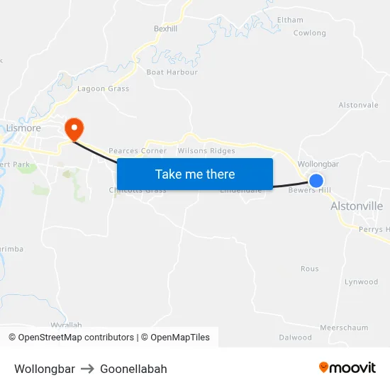 Wollongbar to Goonellabah map