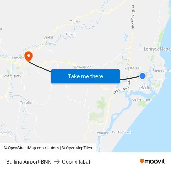 Ballina Airport BNK to Goonellabah map