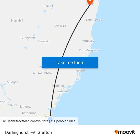 Darlinghurst to Grafton map