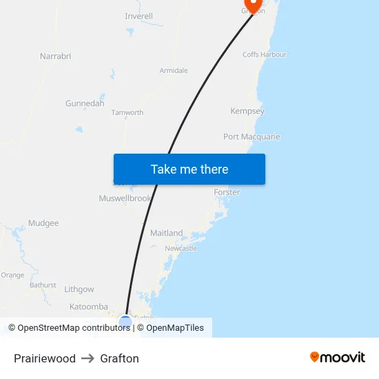 Prairiewood to Grafton map