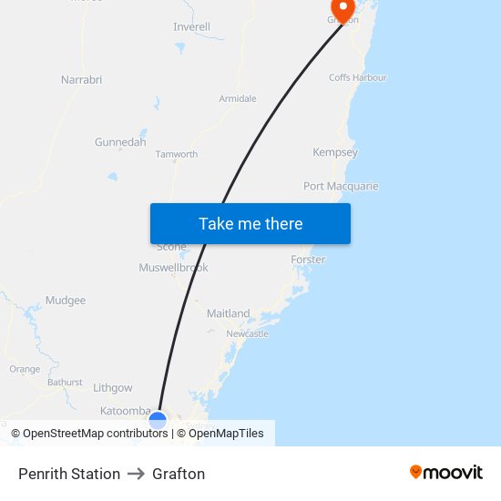 Penrith Station to Grafton map