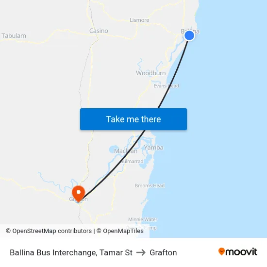 Ballina Bus Interchange, Tamar St to Grafton map