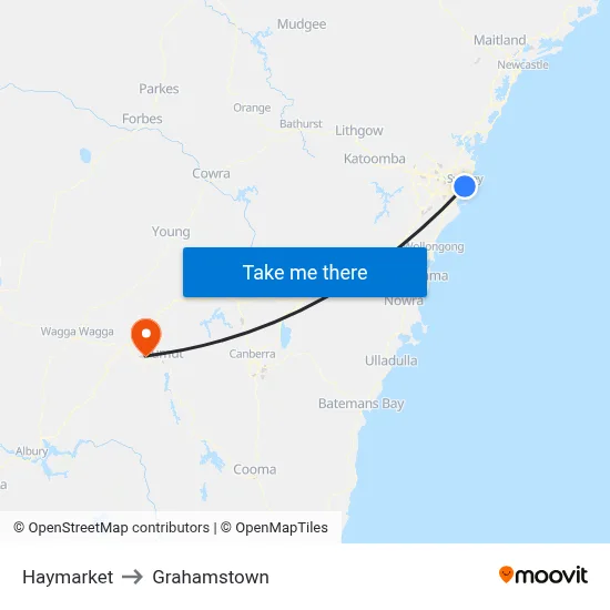 Haymarket to Grahamstown map