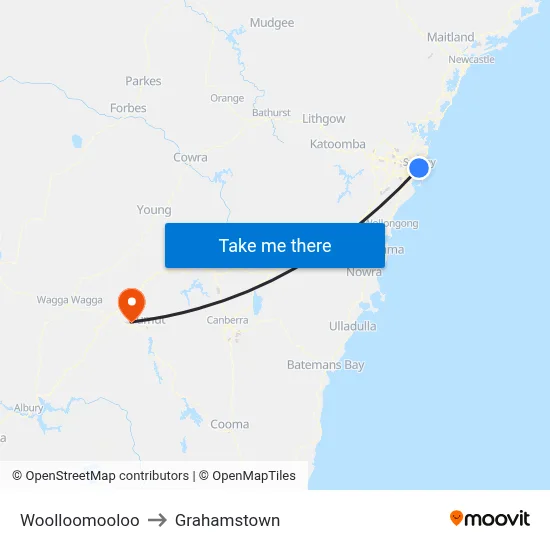 Woolloomooloo to Grahamstown map