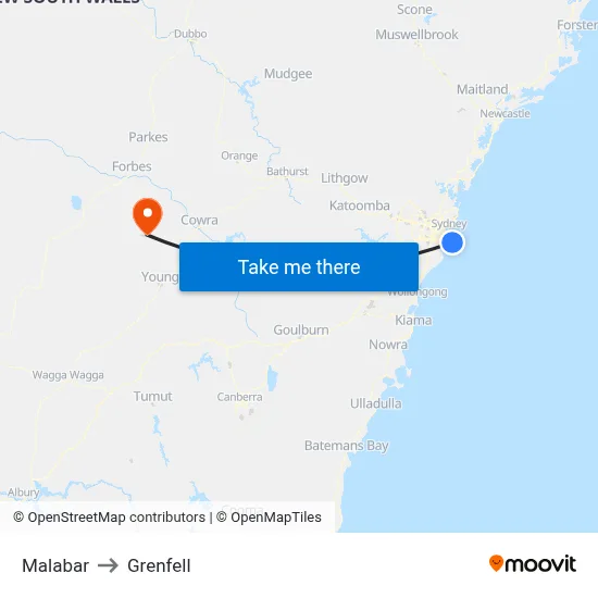 Malabar to Grenfell map