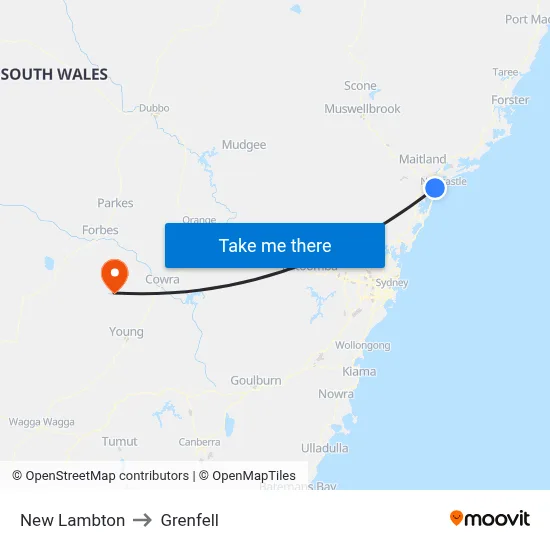 New Lambton to Grenfell map