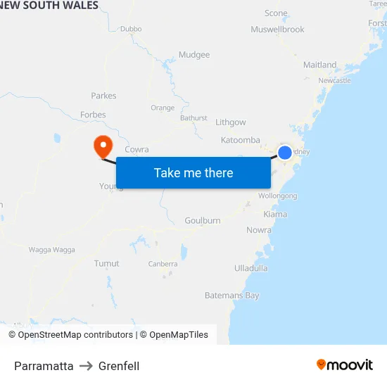 Parramatta to Grenfell map