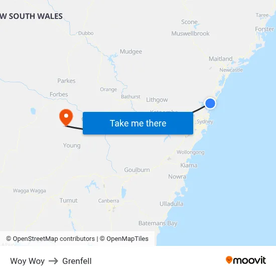 Woy Woy to Grenfell map